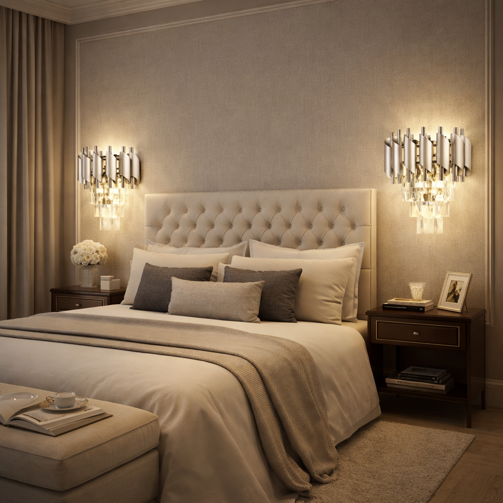 Aplica de perete argintie cu cristale rafinate si stil modern clasic, lumina calda ambientala pentru dormitor elegant