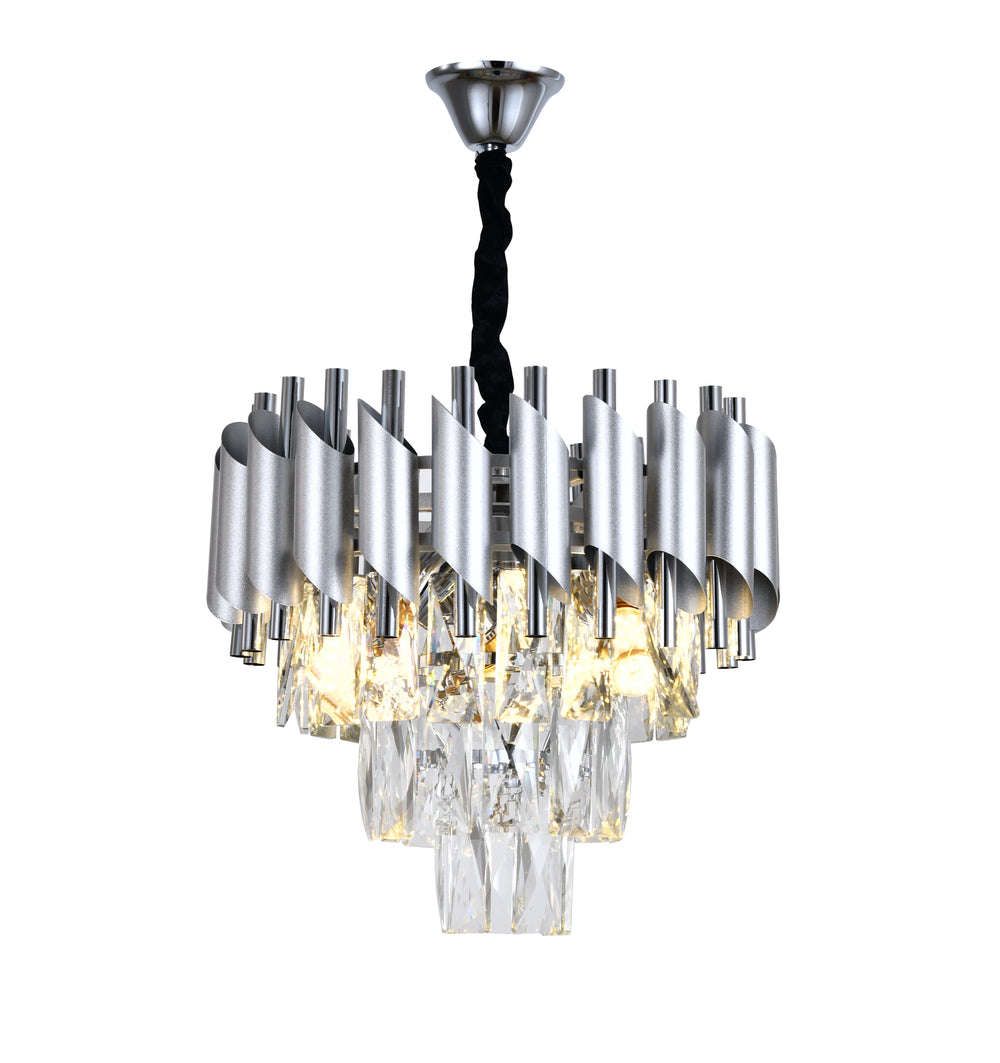 Candelabru rotund argintiu 9001-300 SY cu cristale, instalat in dormitor, creeaza lumina calda si o atmosfera sofisticata.