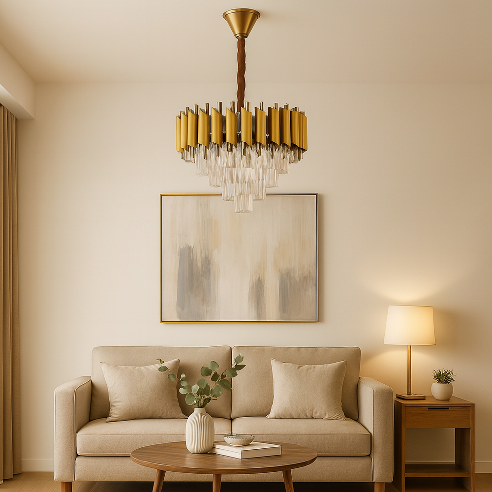 Candelabru rotund auriu Ø400 mm cu cristale montat in living, adaugand lumina calda si un accent glam sofisticat incaperii.