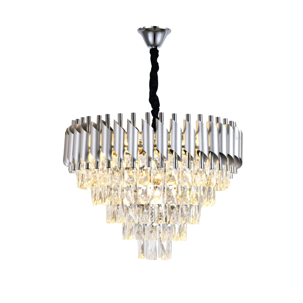 Candelabru rotund argintiu cu accente aurii și cristale, devenind punctul central luminos al unui living modern și spațios.