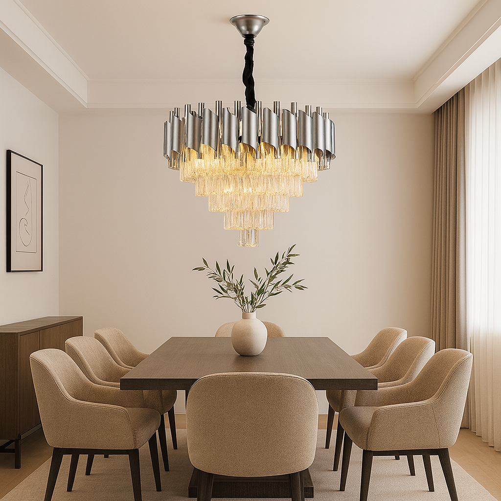 Candelabru rotund argintiu cu accente aurii și cristale, luminând spectaculos o zonă de dining modernă cu decor premium.