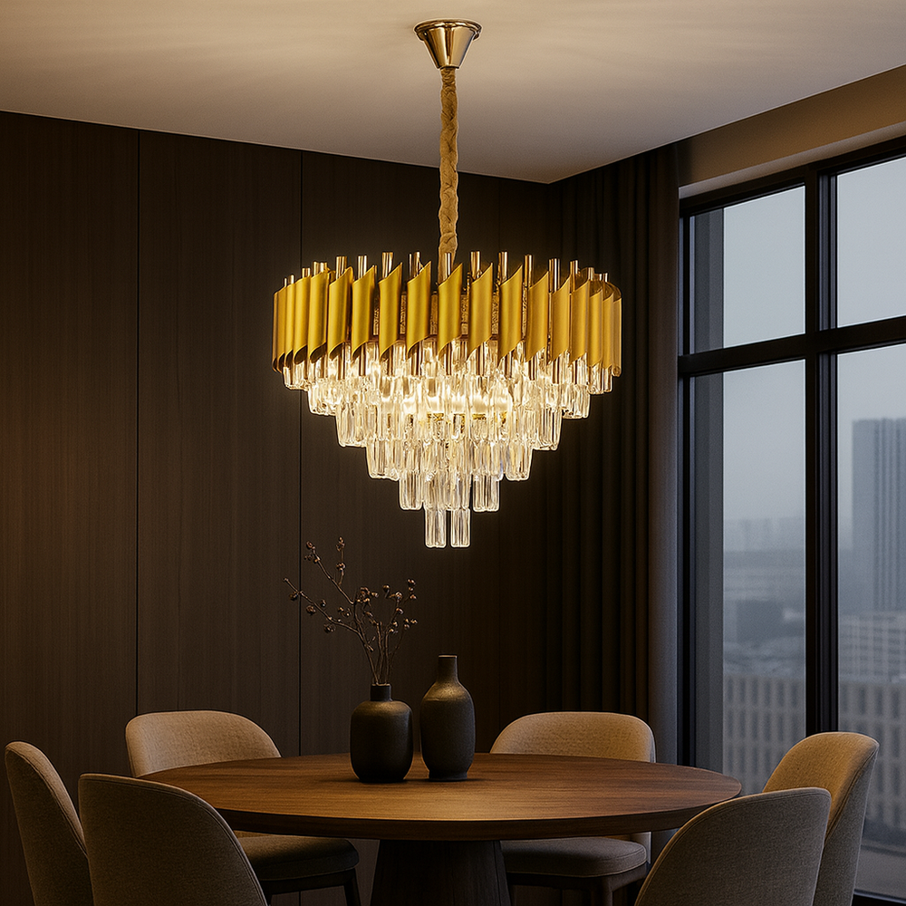Candelabru rotund auriu cu cristale, adaugand un efect luxos unei zone de dining moderne cu masa eleganta.
