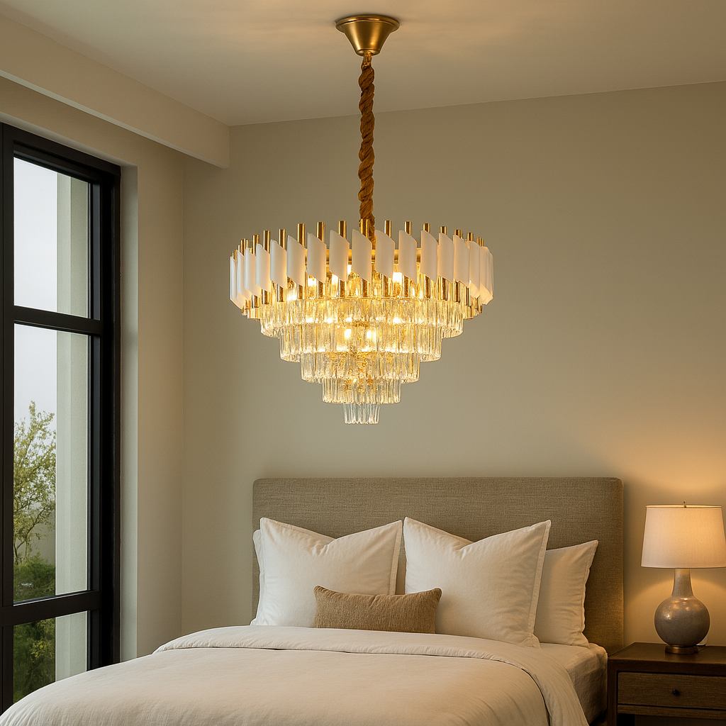 Candelabru rotund auriu cu panouri albe și cristale, luminând elegant un dormitor modern și spațios cu atmosferă rafinată.