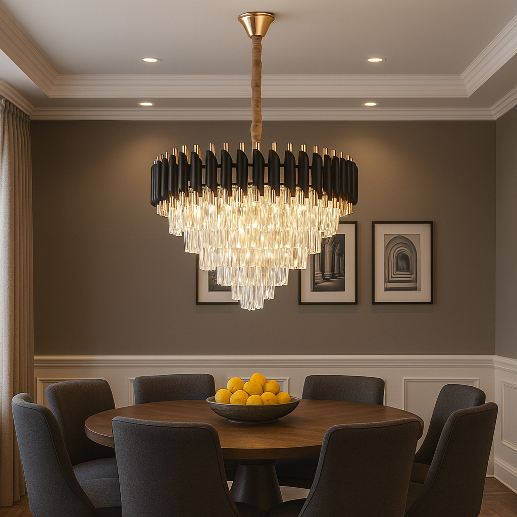 Candelabru rotund negru-auriu cu cristale, iluminând spectaculos o zonă de dining modernă cu decor premium.