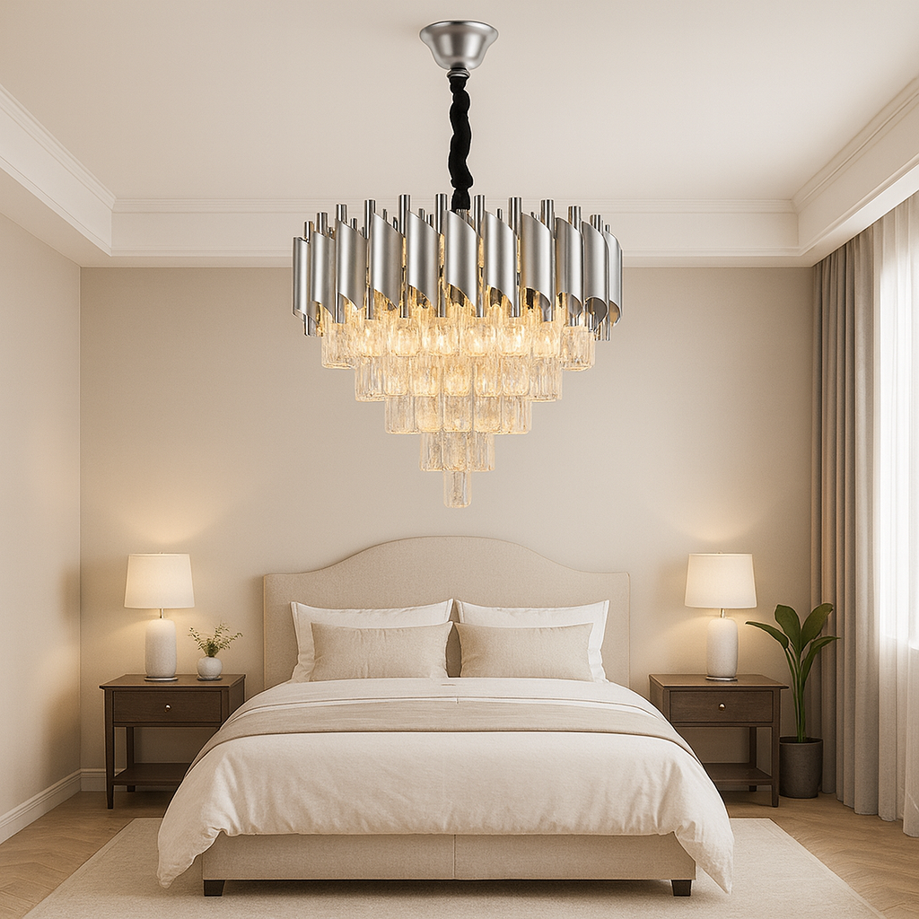 Candelabru rotund argintiu cu cristale, oferind o lumina eleganta si moderna unui dormitor spatios cu decor premium.