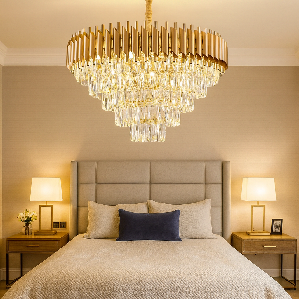 Candelabru rotund auriu cu cristale, oferind o lumină caldă și elegantă într-un dormitor modern cu atmosferă relaxantă.