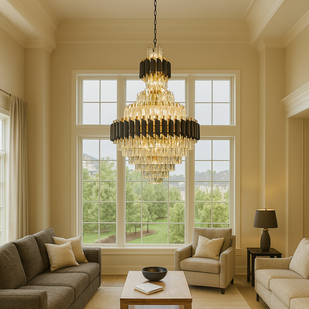 Candelabru cristal rotunda auriu negru Ø600 H930 in living inalt, 15 E27, iluminare puternica glam lux