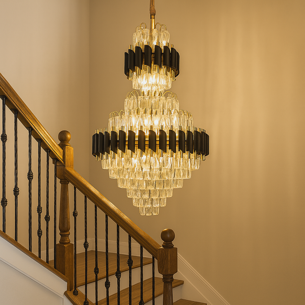 Candelabru cristal rotunda auriu negru Ø600 H930 pe casa scarii, 15 E27, impact vizual grandios