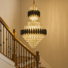 Candelabru cristal rotunda auriu negru Ø600 H930 pe casa scarii, 15 E27, impact vizual grandios