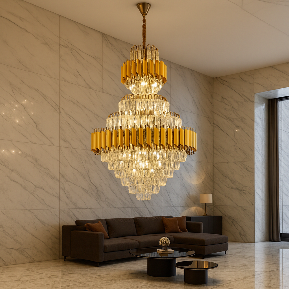 Candelabru cristal rotunda auriu Ø600 H930 in living inalt, 15 E27, iluminare intensa pentru decor glam lux