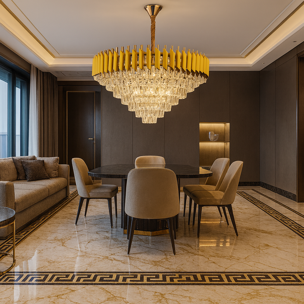 Candelabru piramidal auriu cu cristale, devenind centrul vizual impresionant al unui living mare cu decor premium.