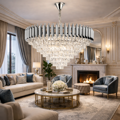 Candelabru rotund argintiu 80cm cu cristale si 12 becuri E27, montat in living modern elegant