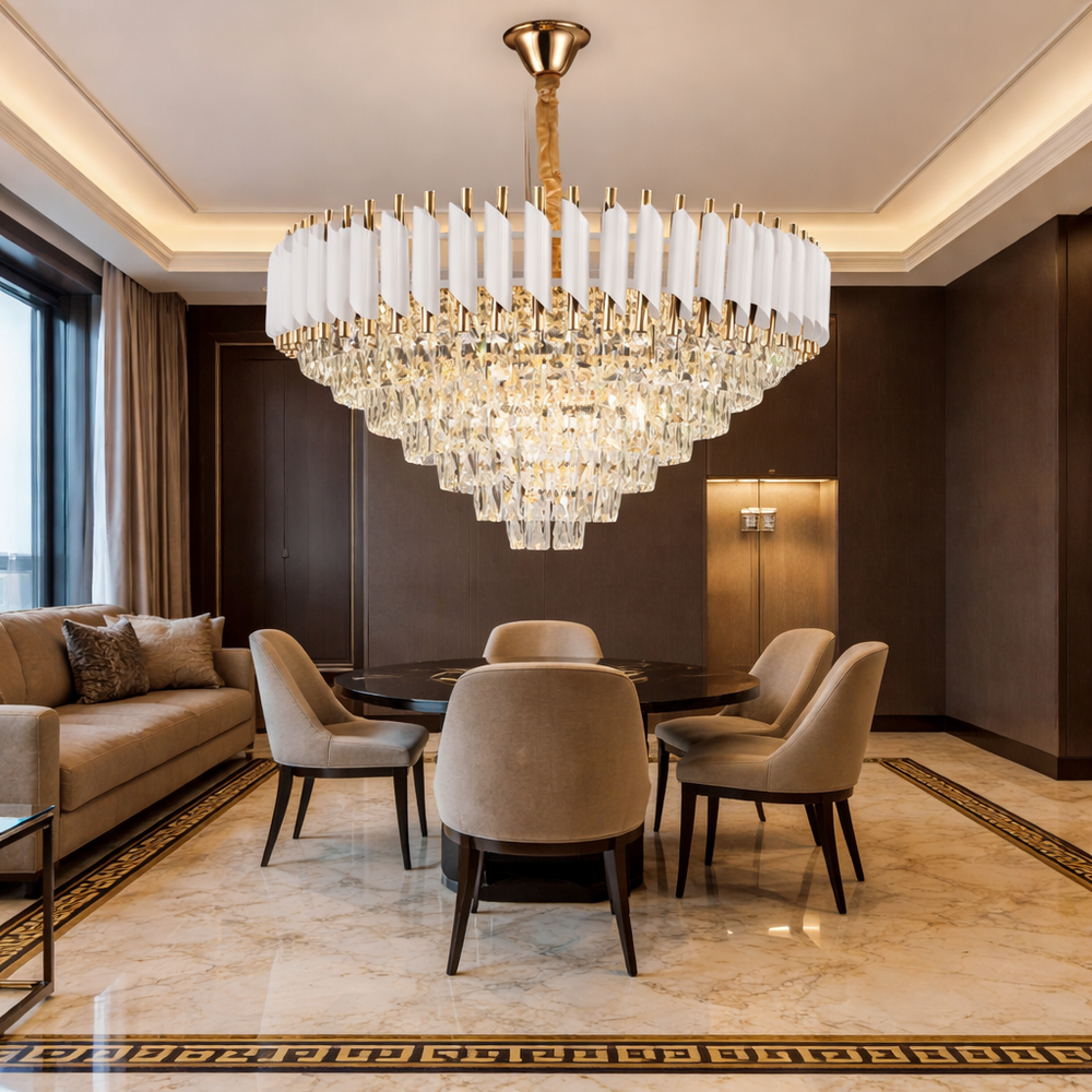 Candelabru cristal rotund alb 80 cm 12xE27 montat in living modern elegant, iluminare ampla si design rafinat