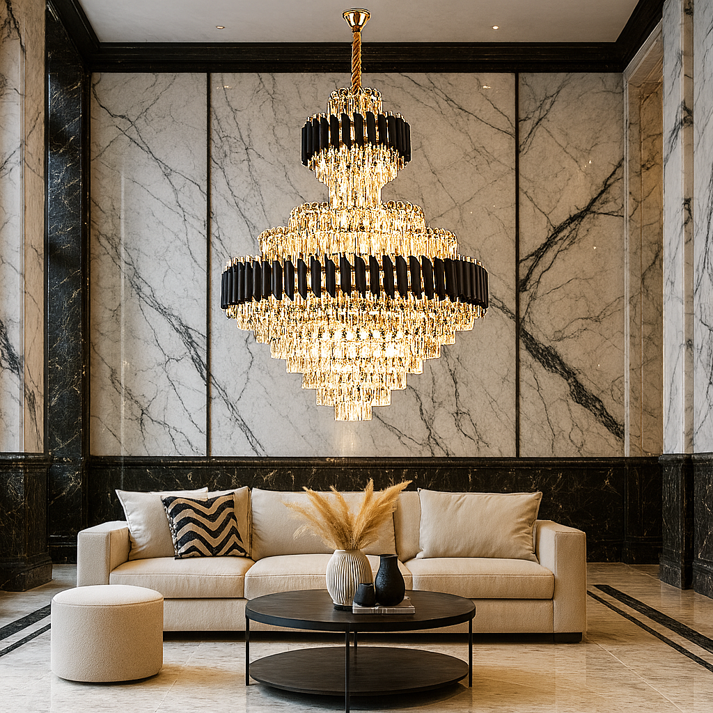 Candelabru cristal rotunda auriu negru Ø800 H1050 in living cu tavan inalt, 20 E27, iluminare lux intensa