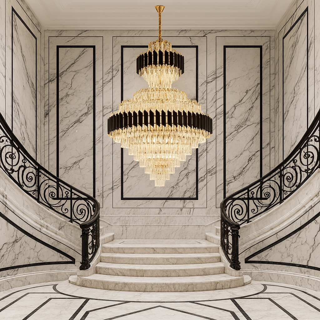 Candelabru cristal rotunda auriu negru Ø800 H1050 pe casa scarii monumentale, 20 E27, impact de lux