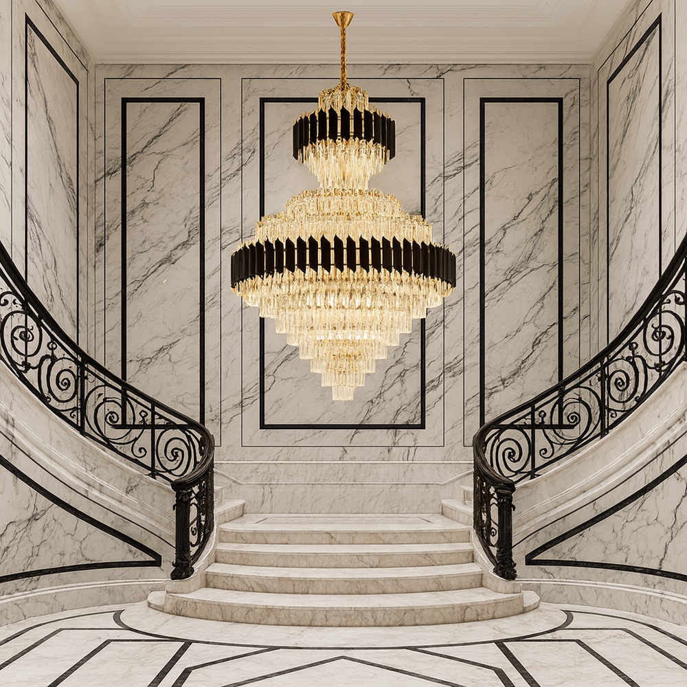 Candelabru cristal rotunda auriu negru Ø800 H1050 pe casa scarii monumentale, 20 E27, impact de lux