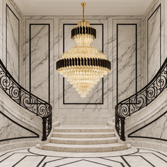 Candelabru cristal rotunda auriu negru Ø800 H1050 pe casa scarii monumentale, 20 E27, impact de lux