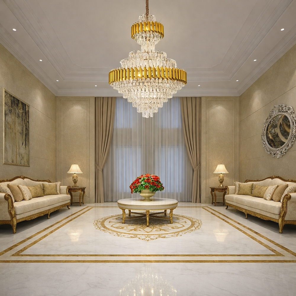 Candelabru cristal rotunda auriu Ø800 H1050 in living cu tavan inalt, 20 E27, iluminare lux intensa