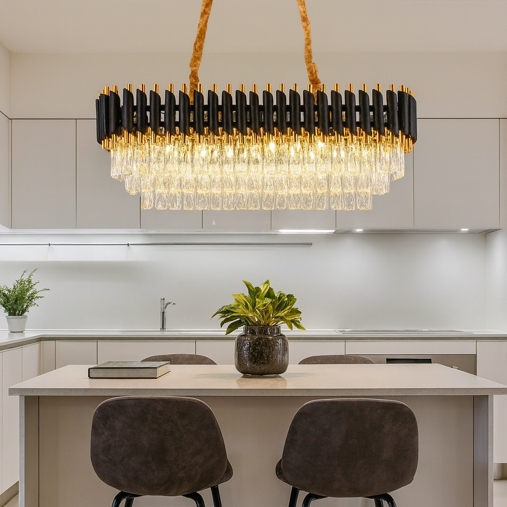 Candelabru rectangular auriu-negru cu cristale 9001 potrivit pentru insula de bucatarie, iluminare puternica E27 si design modern-industrial.