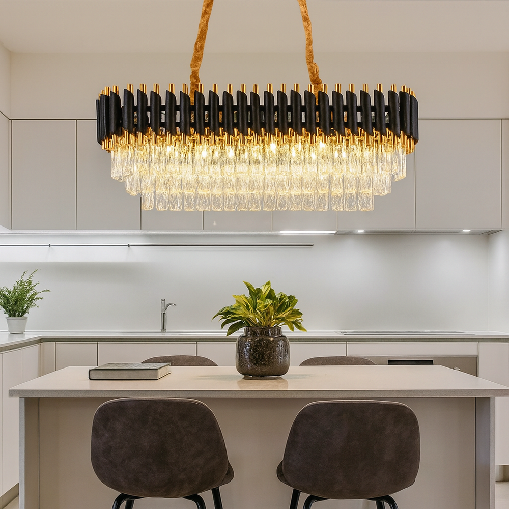 Candelabru rectangular auriu-negru cu cristale 9001 potrivit pentru insula de bucatarie, iluminare puternica E27 si design modern-industrial.