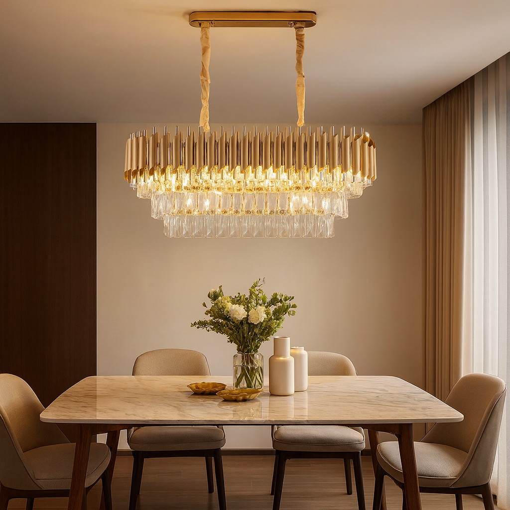 Candelabru rectangular auriu cu cristale 9001 pentru zona de dining moderna, iluminare ampla cu 8 becuri E27 si aspect elegant premium.