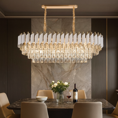 Candelabru rectangular alb mat si auriu cu cristale 9001 pentru dining modern, iluminare uniforma cu 8 becuri E27 si stil elegant.