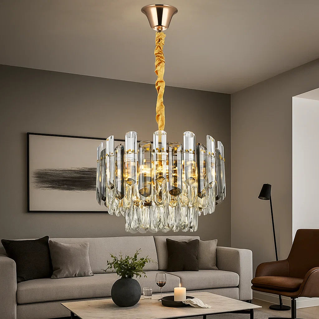 Candelabru rotund cu cristale Ø400 mm, 5xE27, luminand elegant un living modern, oferind stralucire si accent decorativ.