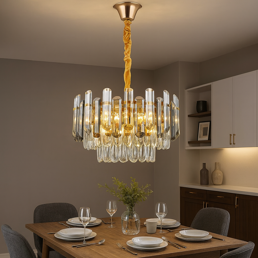 Candelabru rotund cu cristale Ø400 mm, 5xE27, decorand o zona de dining moderna, cu iluminare eleganta si atmosfera luxoasa.