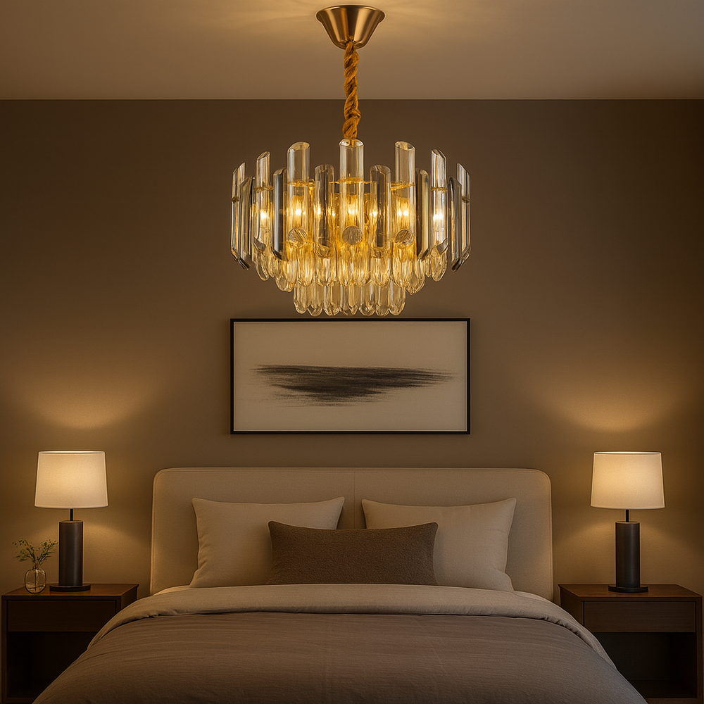 Candelabru rotund cu cristale Ø500 mm, 8xE27, adaugand lumina calda si rafinata unui dormitor modern cu design elegant.