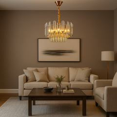 Candelabru rotund cu cristale Ø500 mm, 8xE27, luminand un living elegant si spatios, cu accente luxoase si stralucire decorativa.