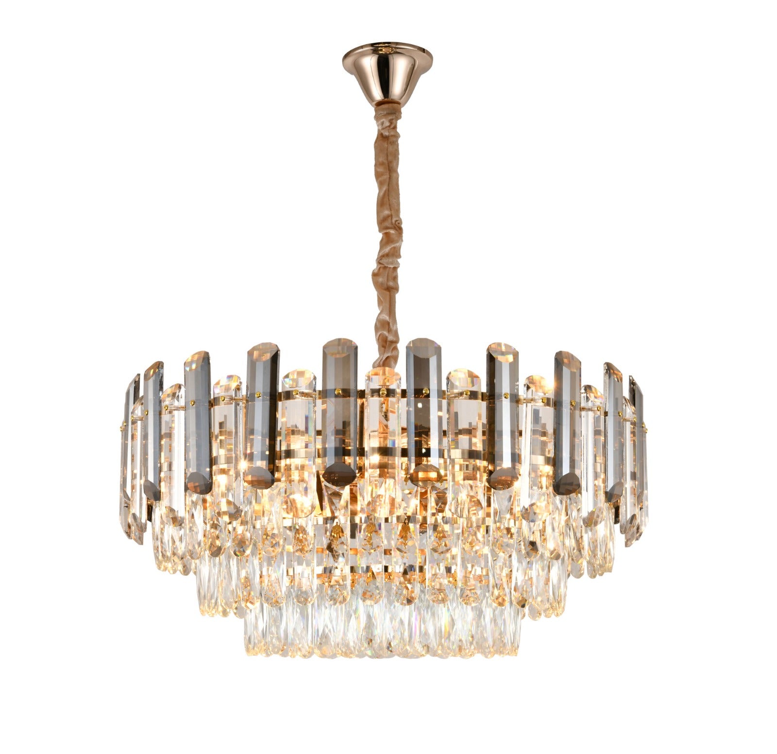 Candelabru rotund cu cristale Ø600 mm, 10xE27, adaugand lumina rafinata unui dormitor modern, cu accente elegante si ambient cald.