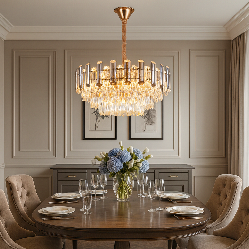 Candelabru rotund cu cristale Ø600 mm, 10xE27, decorand o zona de dining luxoasa, oferind lumina puternica si atmosfera premium.