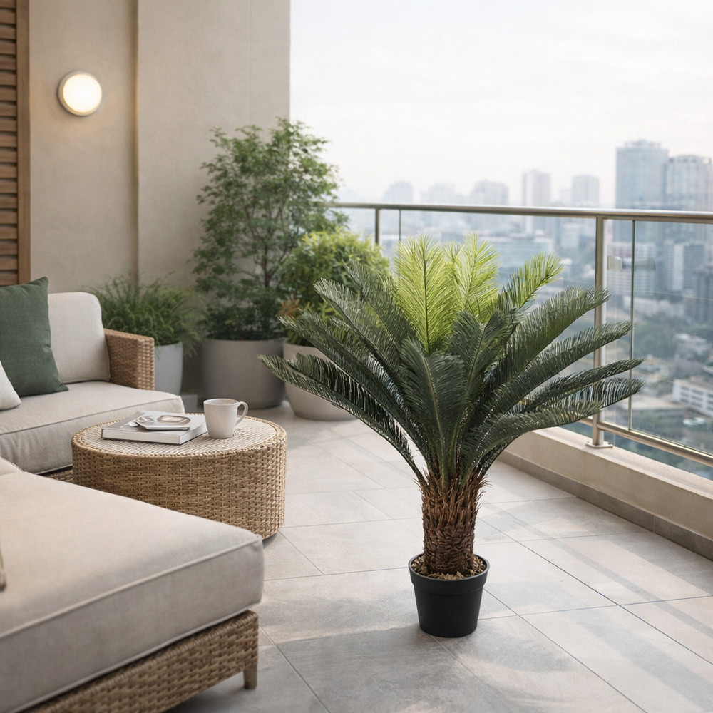 Planta artificiala tip palmier 90cm cu frunze verzi decorative, ideala pentru decor balcon modern sau terasa