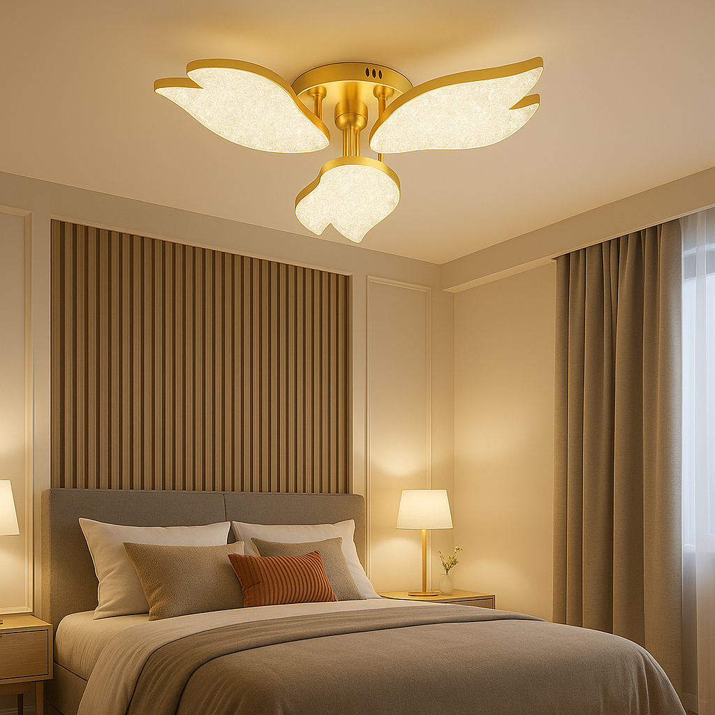 Lustra LED moderna Ø54 cm, petale acril aurii, lumina ajustabila cu telecomanda, perfecta pentru dormitor modern si confortabil, model 9141/3 FGD.