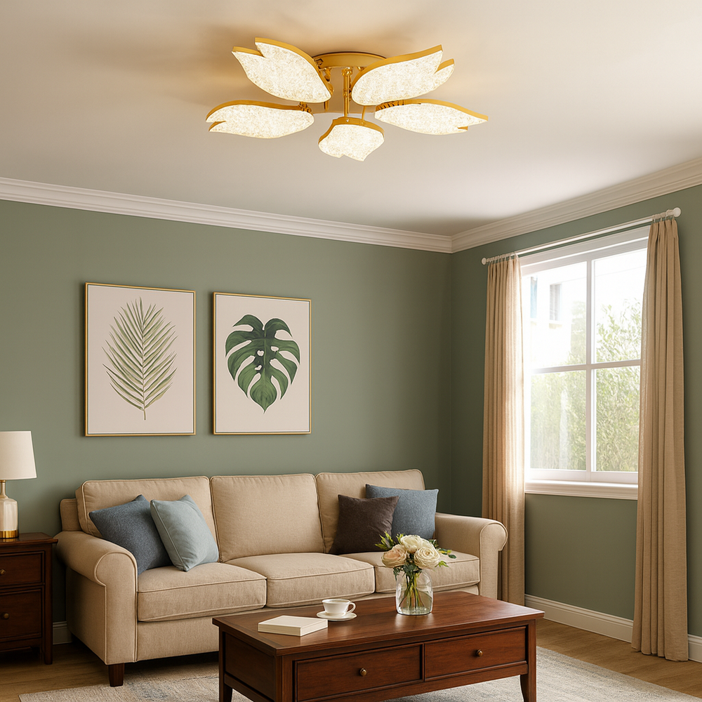 Lustra LED moderna auriu, Ø61 cm, cu petale acril si lumina reglabila prin telecomanda, ideala pentru living modern si elegant, model 9141/5 FGD.