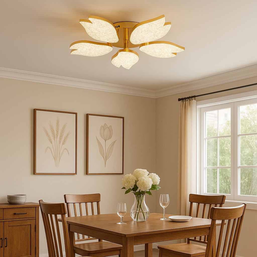 Lustra LED moderna auriu cu petale acril, Ø61 cm, lumina reglabila prin telecomanda, ideala pentru dining modern si rafinat, model 9141/5 FGD.