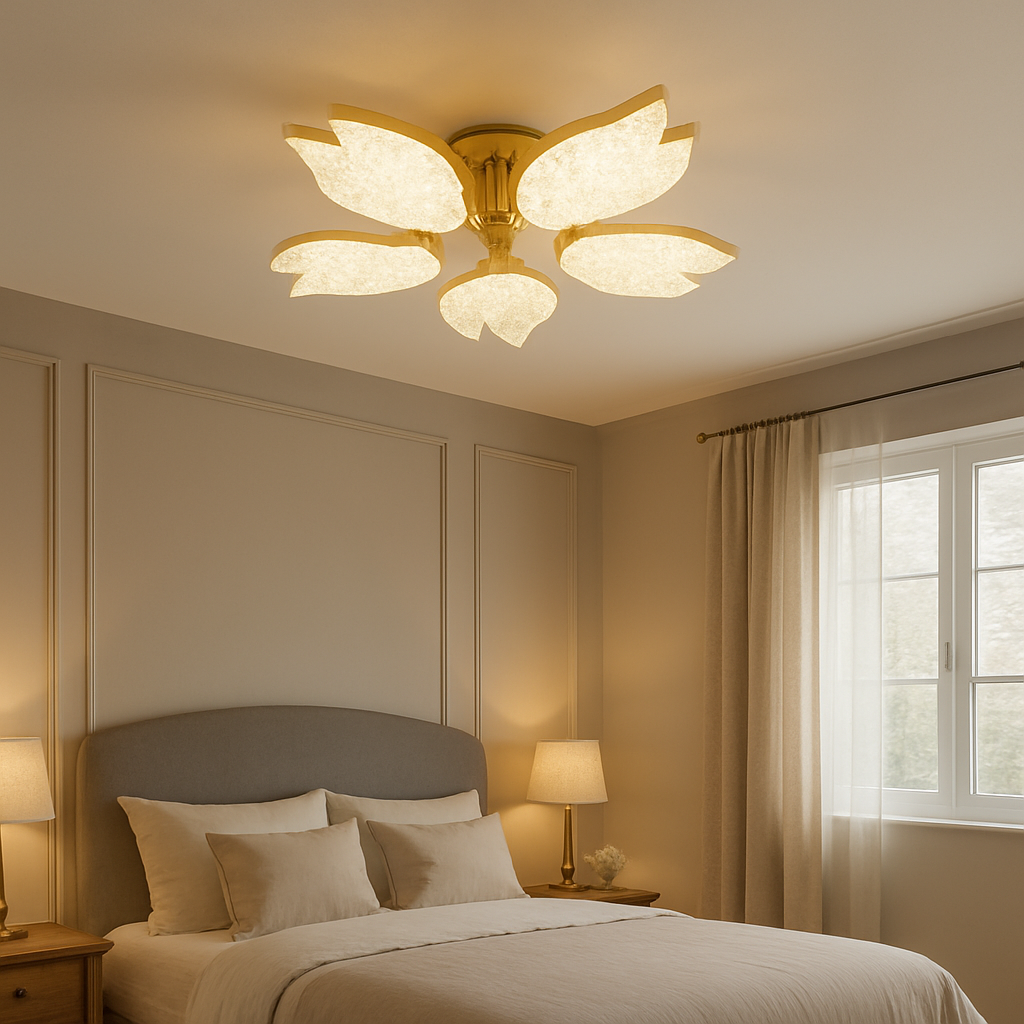 Lustra LED moderna Ø61 cm, petale acril aurii, lumina ajustabila cu telecomanda 3000K–6500K, perfecta pentru dormitor elegant, model 9141/5 FGD.