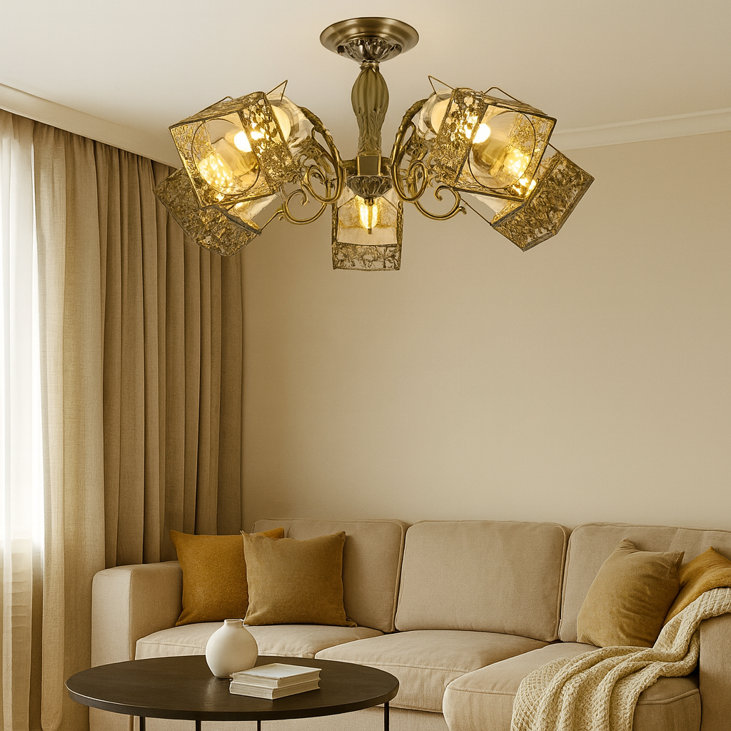 Candelabru vintage cu 5 brate bronz antic si sticla clara lumineaza livingul, oferind un accent decorativ cald si elegant.