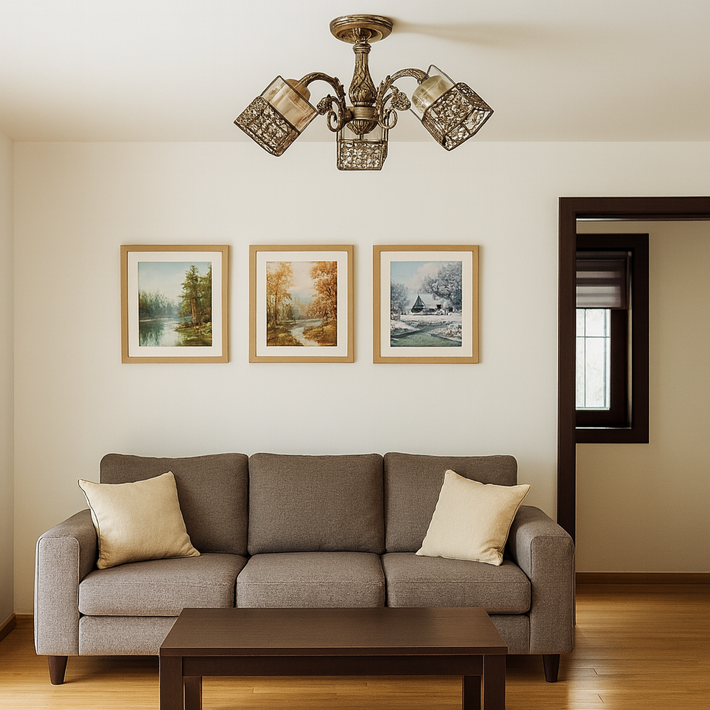 Candelabru vintage cu 3 brate din bronz antic ilumineaza un living clasic, adaugand lumina calda si un accent decorativ rafinat.