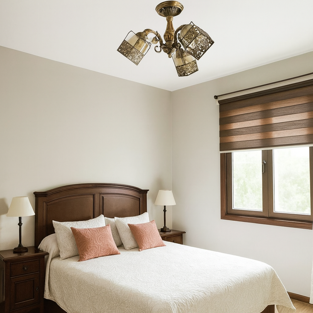 Candelabru cu 3 brate finisaj bronz antic creeaza in dormitor o atmosfera calda si intima, potrivita unui decor vintage elegant.