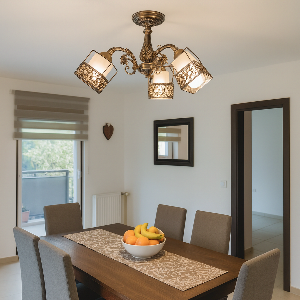 Candelabru vintage cu 3 brate bronz antic lumineaza masa de dining, oferind un efect cald si decorativ ideal pentru interioare clasice.