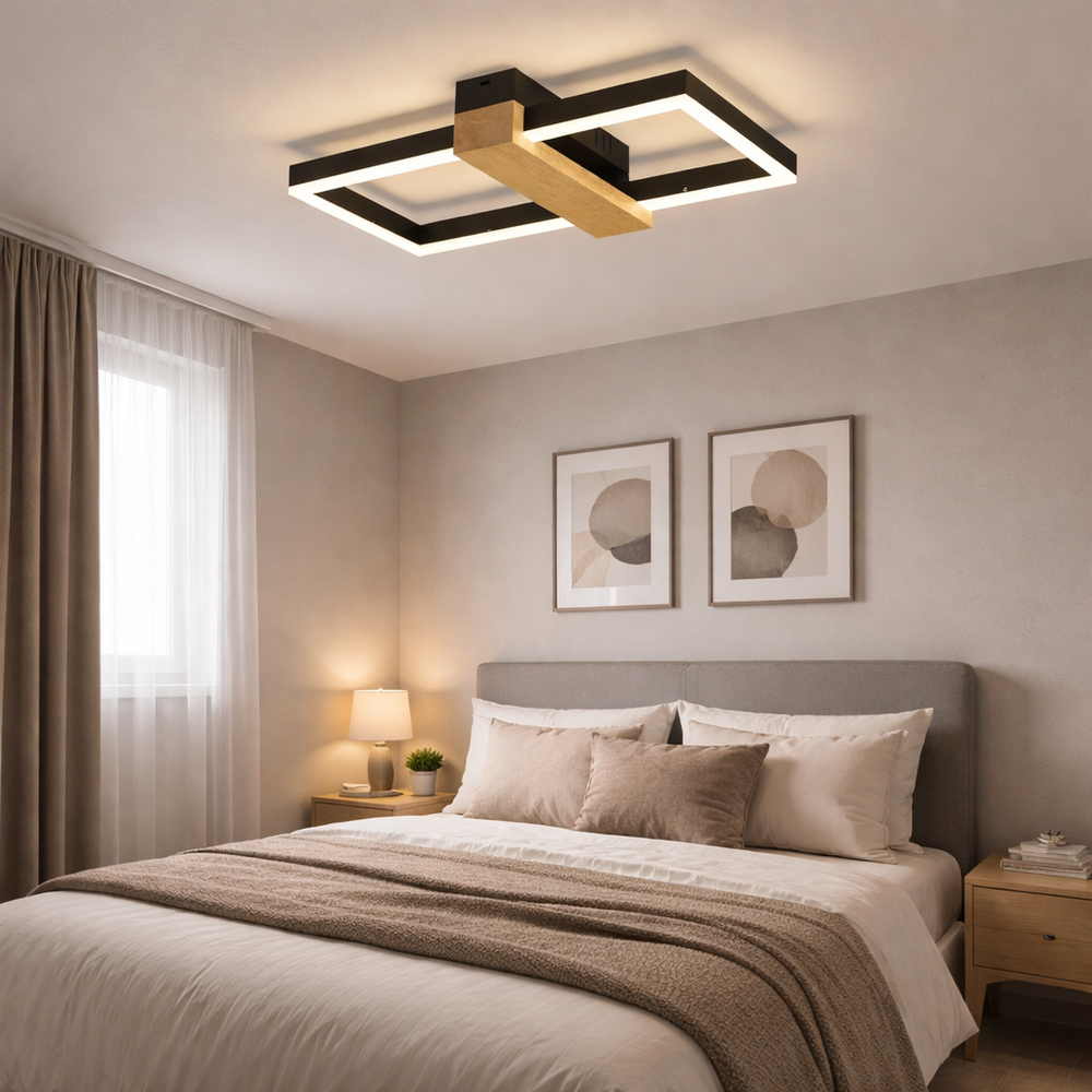Lustra LED neagra cu lemn, design geometric, lumina ajustabila cu telecomanda, montata pe tavan in dormitor modern