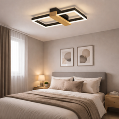Lustra LED neagra cu lemn, design geometric, lumina ajustabila cu telecomanda, montata pe tavan in dormitor modern