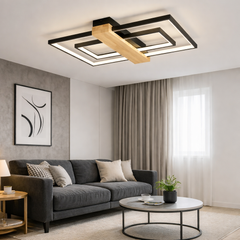 Lustra LED neagra cu lemn, design modern, lumina ajustabila cu telecomanda, montata pe tavan in living elegant