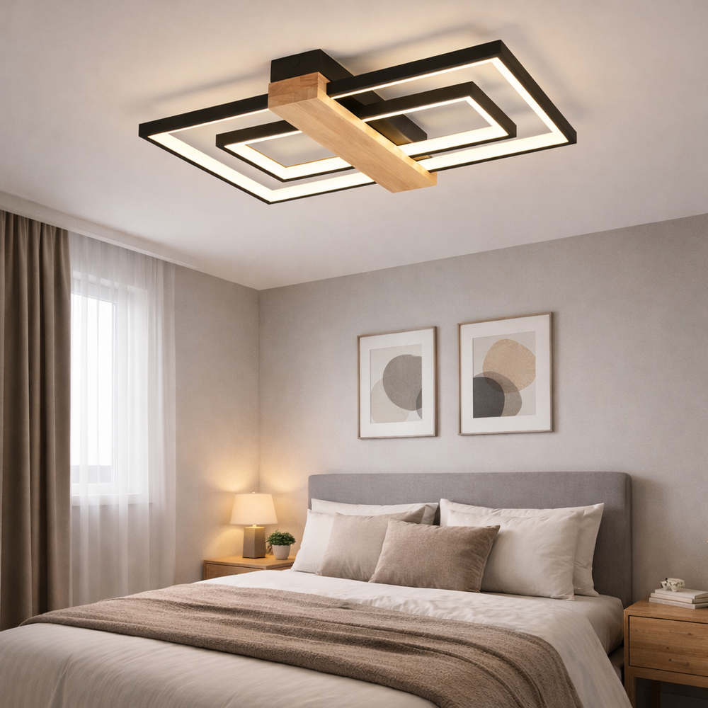 Lustra LED neagra cu lemn, design modern, lumina ajustabila cu telecomanda, in dormitor contemporan confortabil