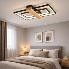 Lustra LED neagra cu lemn, design modern, lumina ajustabila cu telecomanda, in dormitor contemporan confortabil