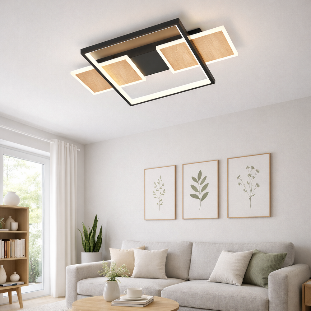 Lustra LED neagra cu lemn, design modern subtire, lumina ajustabila cu telecomanda, in living contemporan