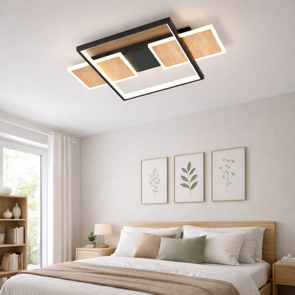 Lustra LED neagra cu lemn, design modern subtire, lumina ajustabila cu telecomanda, in dormitor confortabil