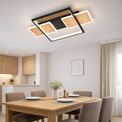 Lustra LED neagra cu lemn, design modern subtire, lumina ajustabila cu telecomanda, in bucatarie moderna luminoasa