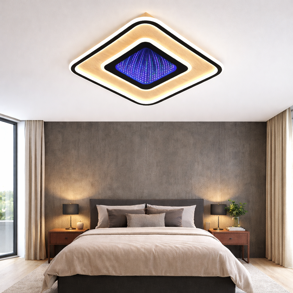 Lustra LED patrata neagra cu lemn, design modern, lumina ajustabila cu telecomanda, in dormitor confortabil modern